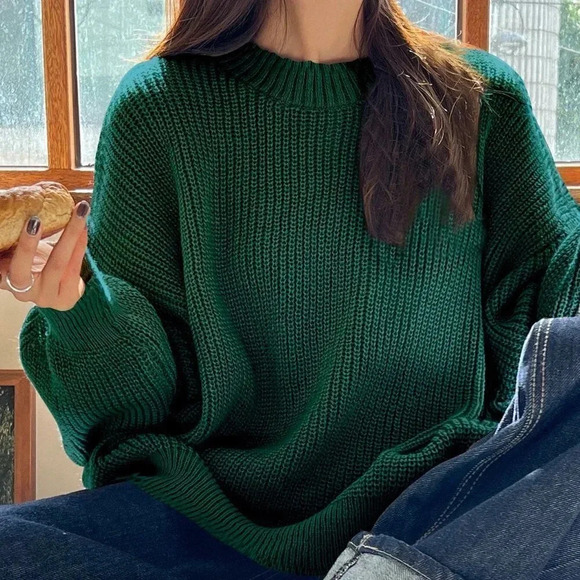 Green Boho Womens Eyelet Detail Ribbed Knit Drop Shoulder Sweater - Picture 3 of 5